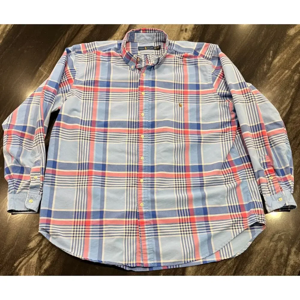 Polo Ralph Lauren Mens 2XLT Blue Pink Plaid Button Down Oxford Shirt Pony Cotton